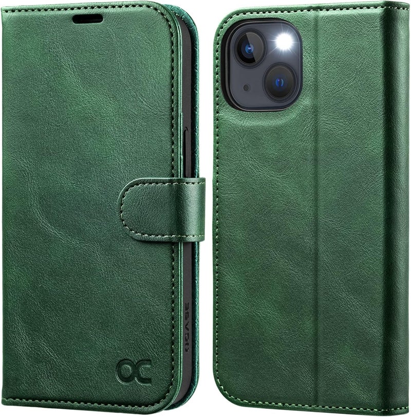 OCASE Compatible with iPhone 13 Wallet Case, PU Leather Flip Folio Case with Card Holders RFID Blocking Kickstand [Shockproof TPU Inner Shell] Phone Cover 6.1 Inch 2021 (Blackish Green) - Image 1
